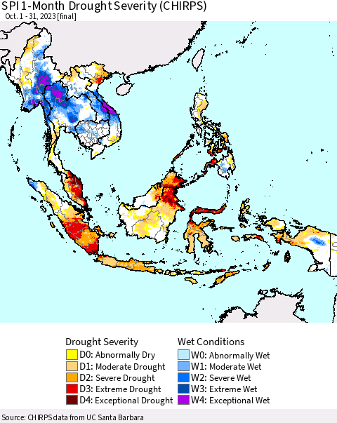 South East Asia SPI 1-Month Drought Severity (CHIRPS) Thematic Map For 10/1/2023 - 10/31/2023