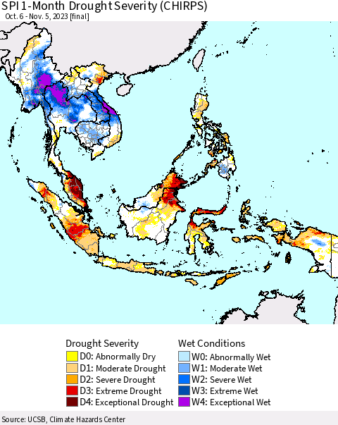 South East Asia SPI 1-Month Drought Severity (CHIRPS) Thematic Map For 10/6/2023 - 11/5/2023