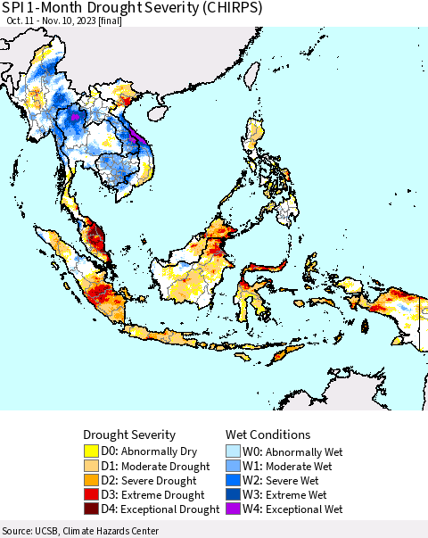 South East Asia SPI 1-Month Drought Severity (CHIRPS) Thematic Map For 10/11/2023 - 11/10/2023
