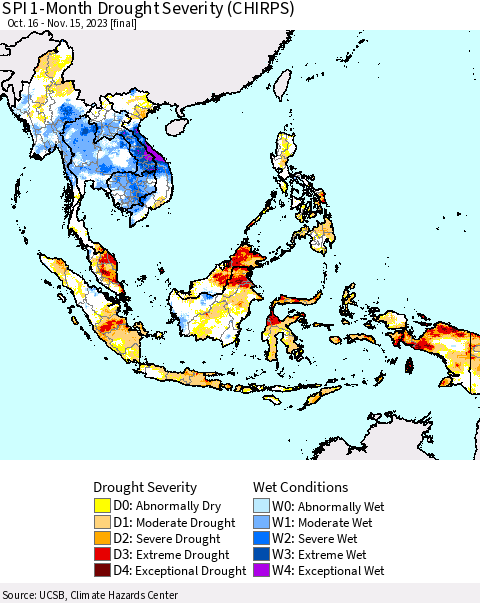 South East Asia SPI 1-Month Drought Severity (CHIRPS) Thematic Map For 10/16/2023 - 11/15/2023