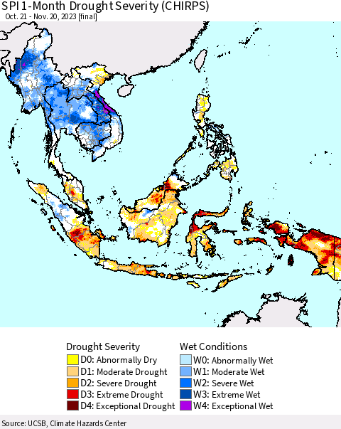South East Asia SPI 1-Month Drought Severity (CHIRPS) Thematic Map For 10/21/2023 - 11/20/2023
