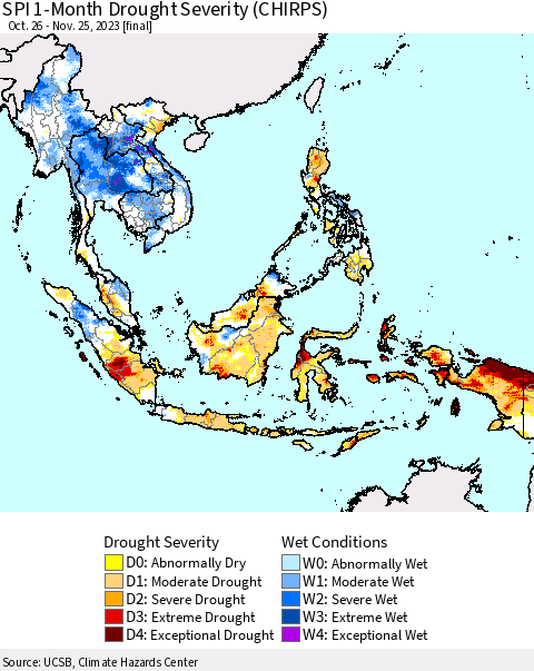 South East Asia SPI 1-Month Drought Severity (CHIRPS) Thematic Map For 10/26/2023 - 11/25/2023
