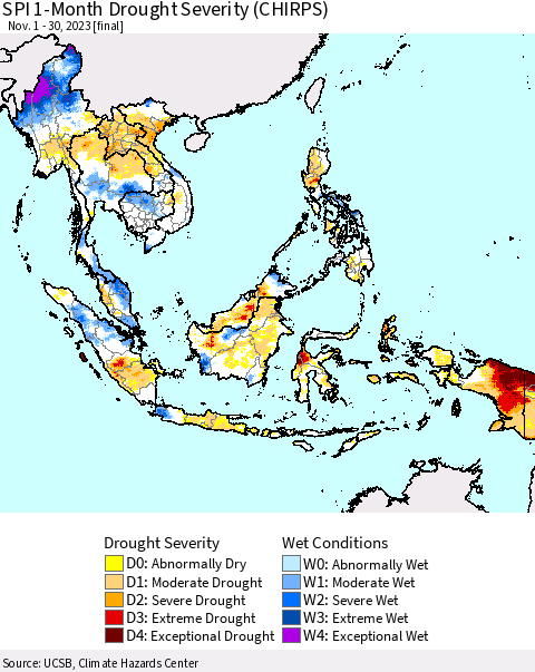 South East Asia SPI 1-Month Drought Severity (CHIRPS) Thematic Map For 11/1/2023 - 11/30/2023