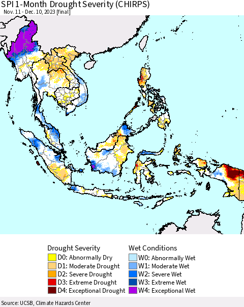 South East Asia SPI 1-Month Drought Severity (CHIRPS) Thematic Map For 11/11/2023 - 12/10/2023