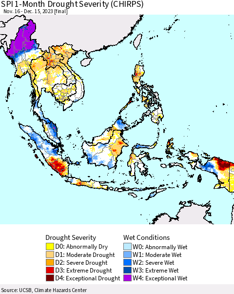 South East Asia SPI 1-Month Drought Severity (CHIRPS) Thematic Map For 11/16/2023 - 12/15/2023