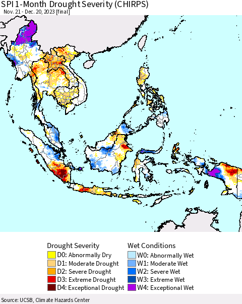 South East Asia SPI 1-Month Drought Severity (CHIRPS) Thematic Map For 11/21/2023 - 12/20/2023