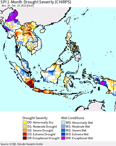South East Asia SPI 1-Month Drought Severity (CHIRPS) Thematic Map For 11/26/2023 - 12/25/2023