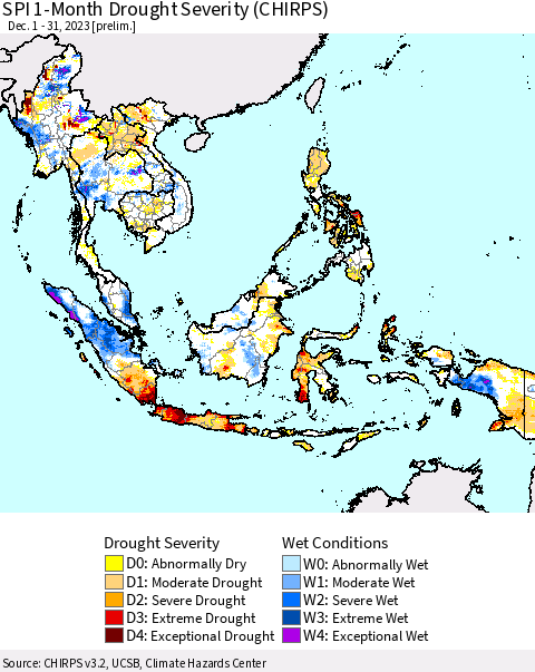 South East Asia SPI 1-Month Drought Severity (CHIRPS) Thematic Map For 12/1/2023 - 12/31/2023