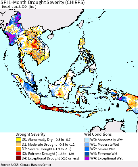 South East Asia SPI 1-Month Drought Severity (CHIRPS) Thematic Map For 12/6/2023 - 1/5/2024