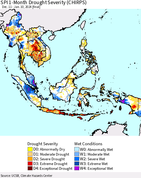 South East Asia SPI 1-Month Drought Severity (CHIRPS) Thematic Map For 12/11/2023 - 1/10/2024