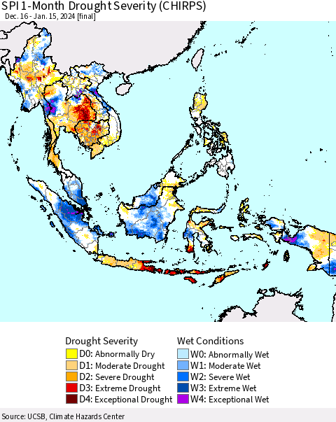 South East Asia SPI 1-Month Drought Severity (CHIRPS) Thematic Map For 12/16/2023 - 1/15/2024
