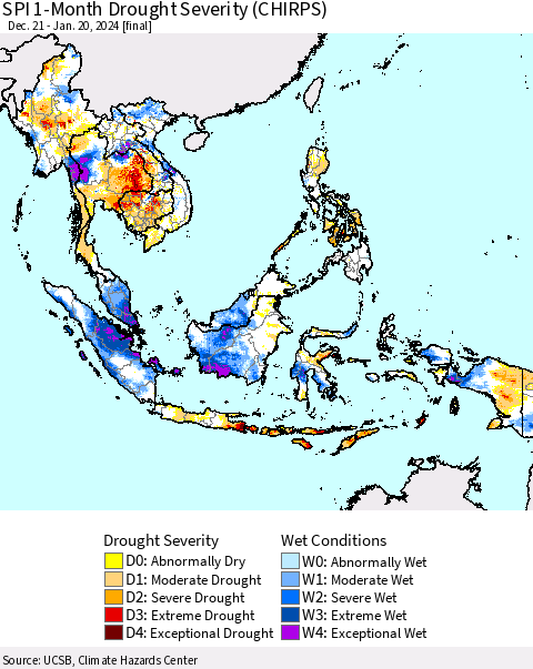 South East Asia SPI 1-Month Drought Severity (CHIRPS) Thematic Map For 12/21/2023 - 1/20/2024