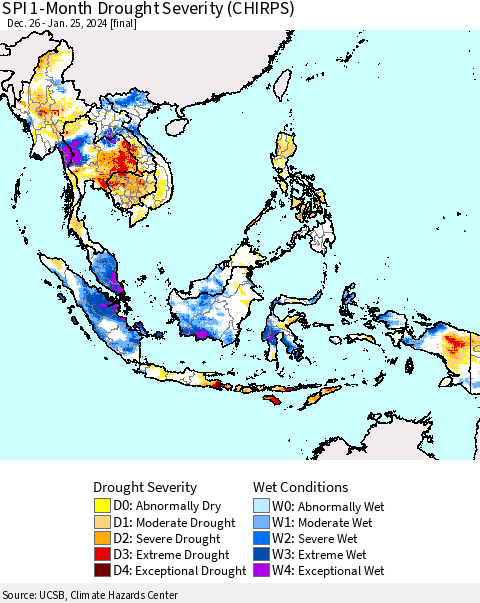 South East Asia SPI 1-Month Drought Severity (CHIRPS) Thematic Map For 12/26/2023 - 1/25/2024