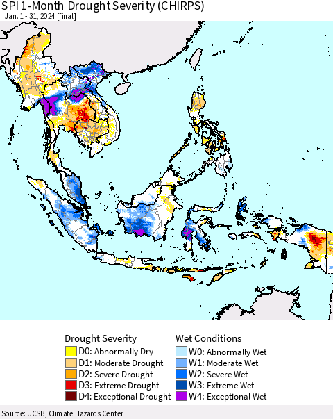 South East Asia SPI 1-Month Drought Severity (CHIRPS) Thematic Map For 1/1/2024 - 1/31/2024