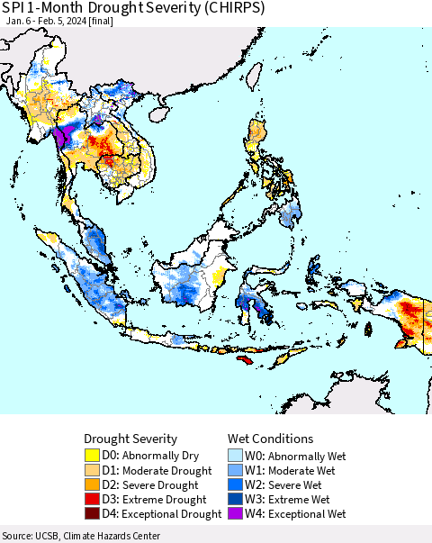 South East Asia SPI 1-Month Drought Severity (CHIRPS) Thematic Map For 1/6/2024 - 2/5/2024
