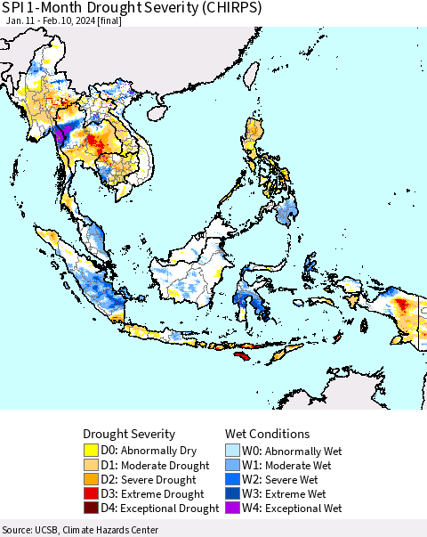 South East Asia SPI 1-Month Drought Severity (CHIRPS) Thematic Map For 1/11/2024 - 2/10/2024