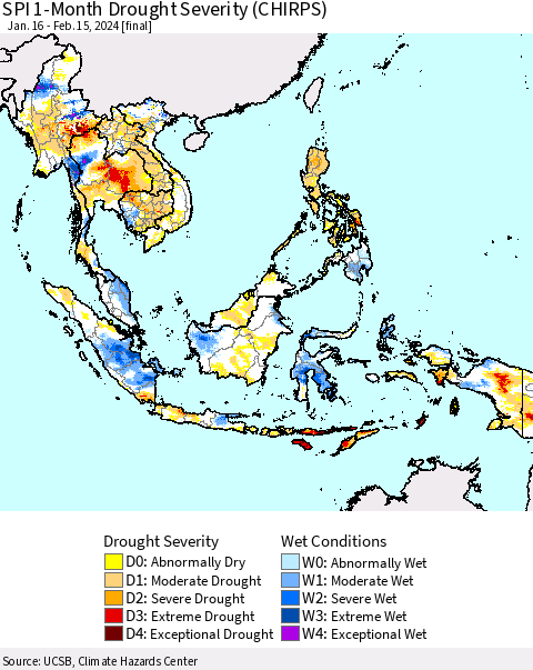 South East Asia SPI 1-Month Drought Severity (CHIRPS) Thematic Map For 1/16/2024 - 2/15/2024