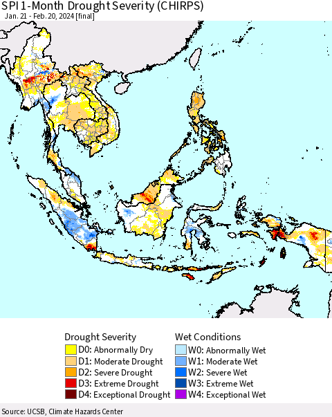 South East Asia SPI 1-Month Drought Severity (CHIRPS) Thematic Map For 1/21/2024 - 2/20/2024