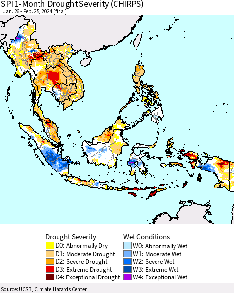 South East Asia SPI 1-Month Drought Severity (CHIRPS) Thematic Map For 1/26/2024 - 2/25/2024