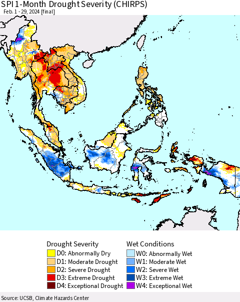 South East Asia SPI 1-Month Drought Severity (CHIRPS) Thematic Map For 2/1/2024 - 2/29/2024