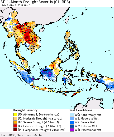South East Asia SPI 1-Month Drought Severity (CHIRPS) Thematic Map For 2/6/2024 - 3/5/2024