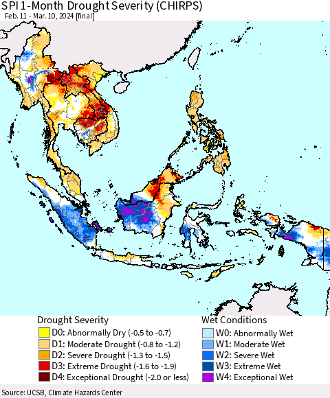 South East Asia SPI 1-Month Drought Severity (CHIRPS) Thematic Map For 2/11/2024 - 3/10/2024