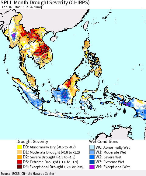 South East Asia SPI 1-Month Drought Severity (CHIRPS) Thematic Map For 2/16/2024 - 3/15/2024