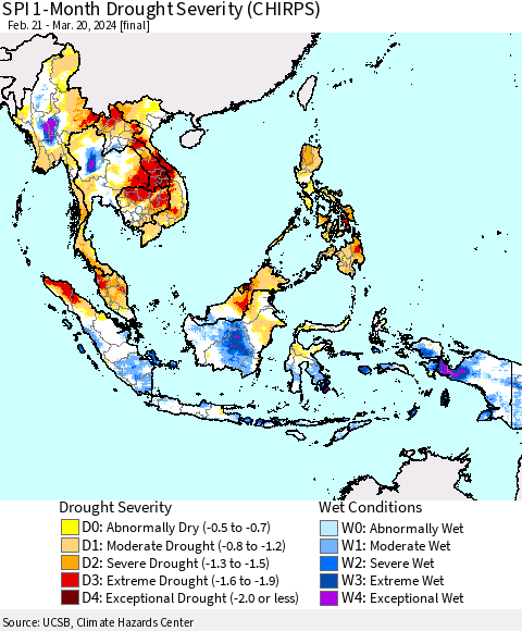 South East Asia SPI 1-Month Drought Severity (CHIRPS) Thematic Map For 2/21/2024 - 3/20/2024