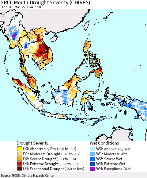 South East Asia SPI 1-Month Drought Severity (CHIRPS) Thematic Map For 2/26/2024 - 3/25/2024