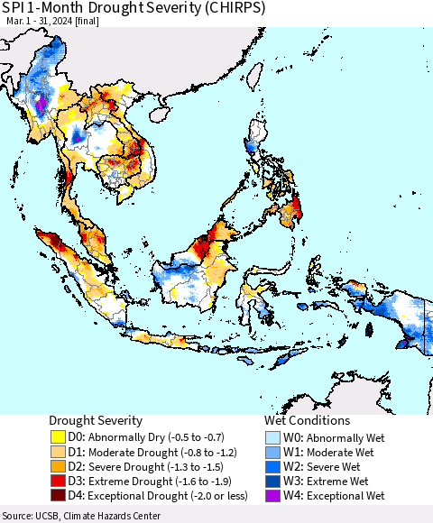 South East Asia SPI 1-Month Drought Severity (CHIRPS) Thematic Map For 3/1/2024 - 3/31/2024