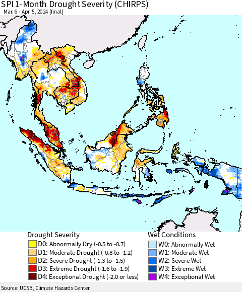 South East Asia SPI 1-Month Drought Severity (CHIRPS) Thematic Map For 3/6/2024 - 4/5/2024