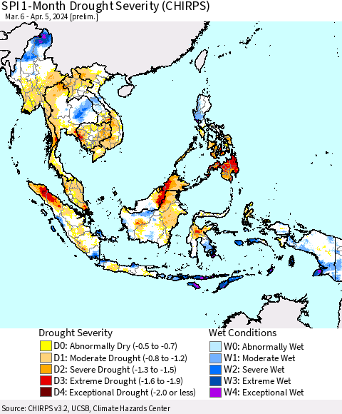 South East Asia SPI 1-Month Drought Severity (CHIRPS) Thematic Map For 3/6/2024 - 4/5/2024