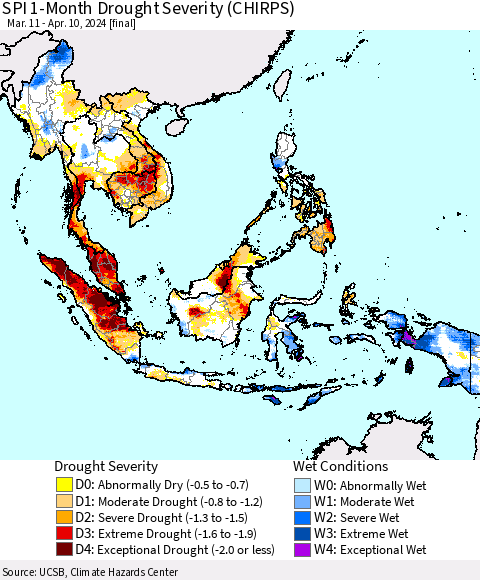 South East Asia SPI 1-Month Drought Severity (CHIRPS) Thematic Map For 3/11/2024 - 4/10/2024