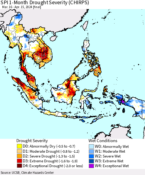South East Asia SPI 1-Month Drought Severity (CHIRPS) Thematic Map For 3/16/2024 - 4/15/2024