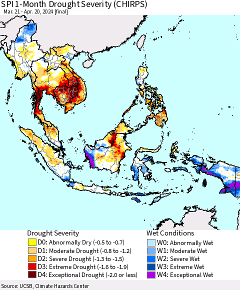 South East Asia SPI 1-Month Drought Severity (CHIRPS) Thematic Map For 3/21/2024 - 4/20/2024