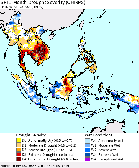 South East Asia SPI 1-Month Drought Severity (CHIRPS) Thematic Map For 3/26/2024 - 4/25/2024
