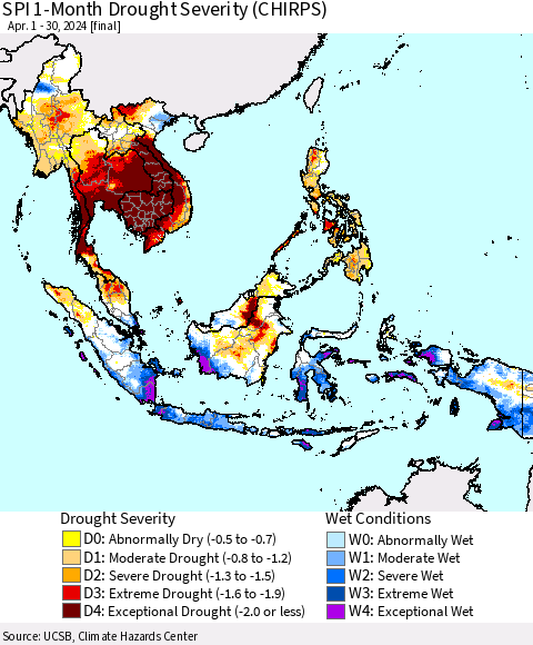 South East Asia SPI 1-Month Drought Severity (CHIRPS) Thematic Map For 4/1/2024 - 4/30/2024