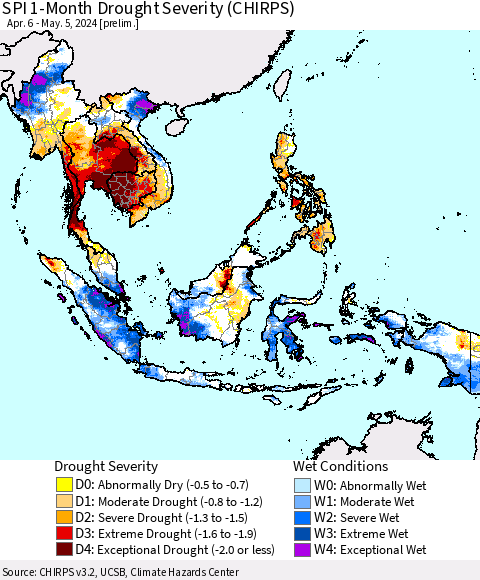 South East Asia SPI 1-Month Drought Severity (CHIRPS) Thematic Map For 4/6/2024 - 5/5/2024