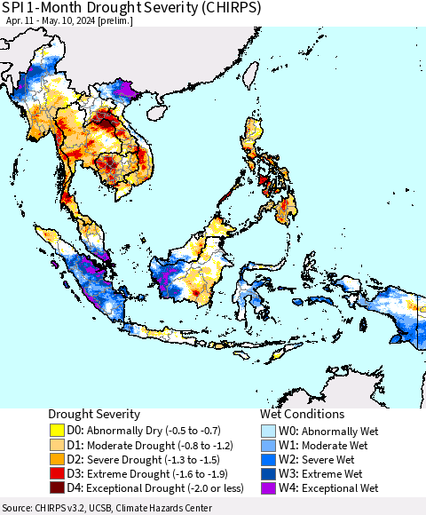 South East Asia SPI 1-Month Drought Severity (CHIRPS) Thematic Map For 4/11/2024 - 5/10/2024