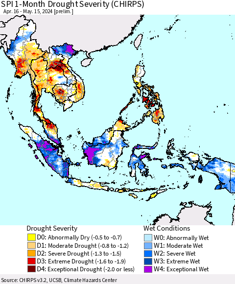 South East Asia SPI 1-Month Drought Severity (CHIRPS) Thematic Map For 4/16/2024 - 5/15/2024