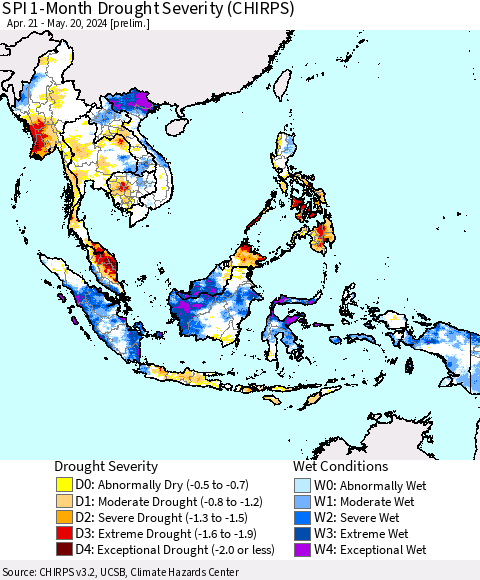 South East Asia SPI 1-Month Drought Severity (CHIRPS) Thematic Map For 4/21/2024 - 5/20/2024
