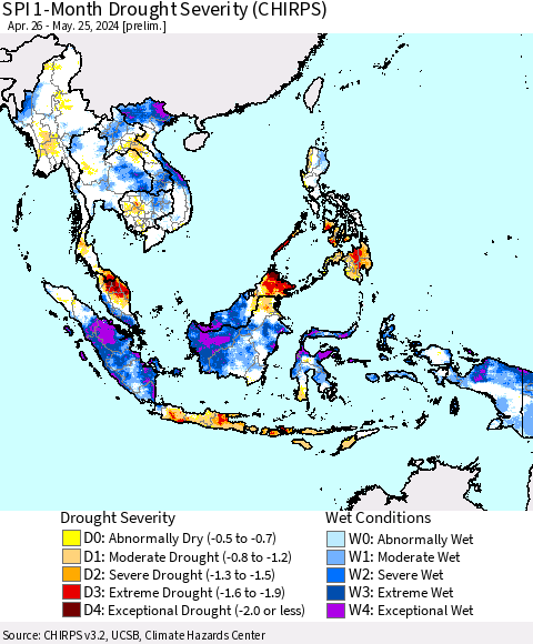 South East Asia SPI 1-Month Drought Severity (CHIRPS) Thematic Map For 4/26/2024 - 5/25/2024