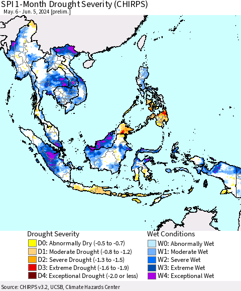South East Asia SPI 1-Month Drought Severity (CHIRPS) Thematic Map For 5/6/2024 - 6/5/2024