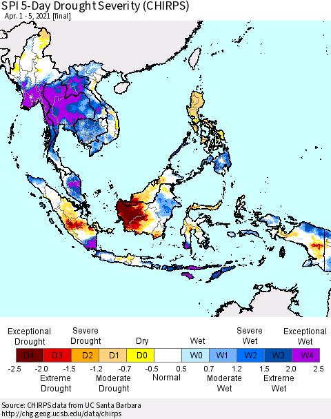 South East Asia SPI 5-Day Drought Severity (CHIRPS) Thematic Map For 4/1/2021 - 4/5/2021