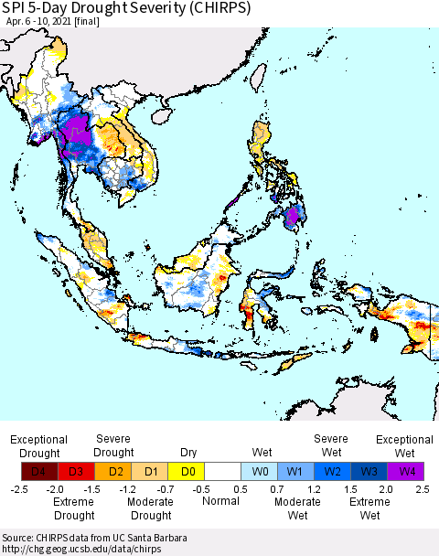 South East Asia SPI 5-Day Drought Severity (CHIRPS) Thematic Map For 4/6/2021 - 4/10/2021