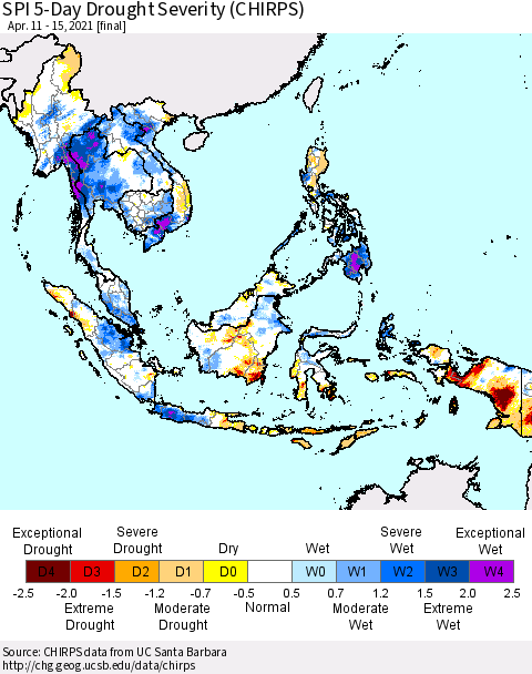 South East Asia SPI 5-Day Drought Severity (CHIRPS) Thematic Map For 4/11/2021 - 4/15/2021