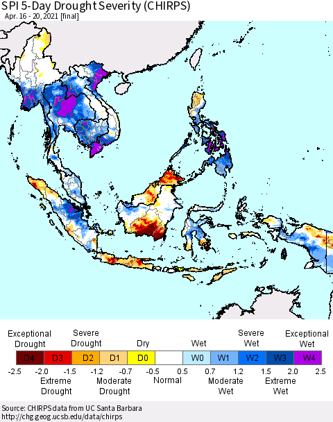 South East Asia SPI 5-Day Drought Severity (CHIRPS) Thematic Map For 4/16/2021 - 4/20/2021