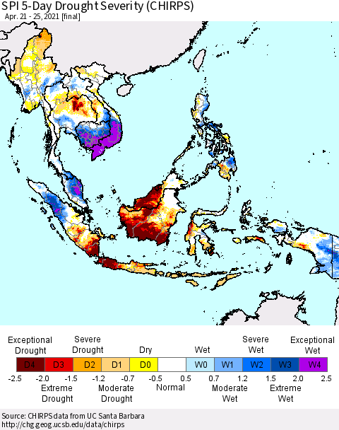 South East Asia SPI 5-Day Drought Severity (CHIRPS) Thematic Map For 4/21/2021 - 4/25/2021