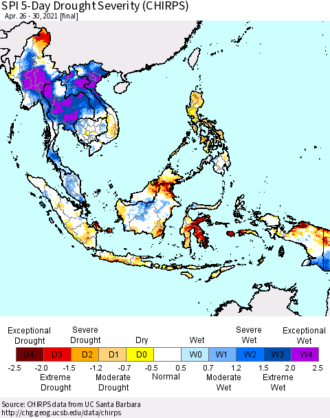 South East Asia SPI 5-Day Drought Severity (CHIRPS) Thematic Map For 4/26/2021 - 4/30/2021