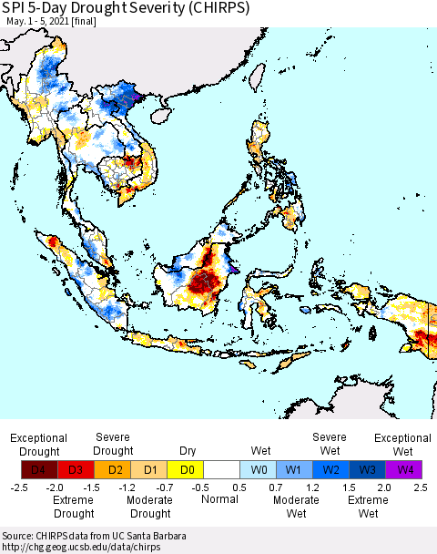 South East Asia SPI 5-Day Drought Severity (CHIRPS) Thematic Map For 5/1/2021 - 5/5/2021